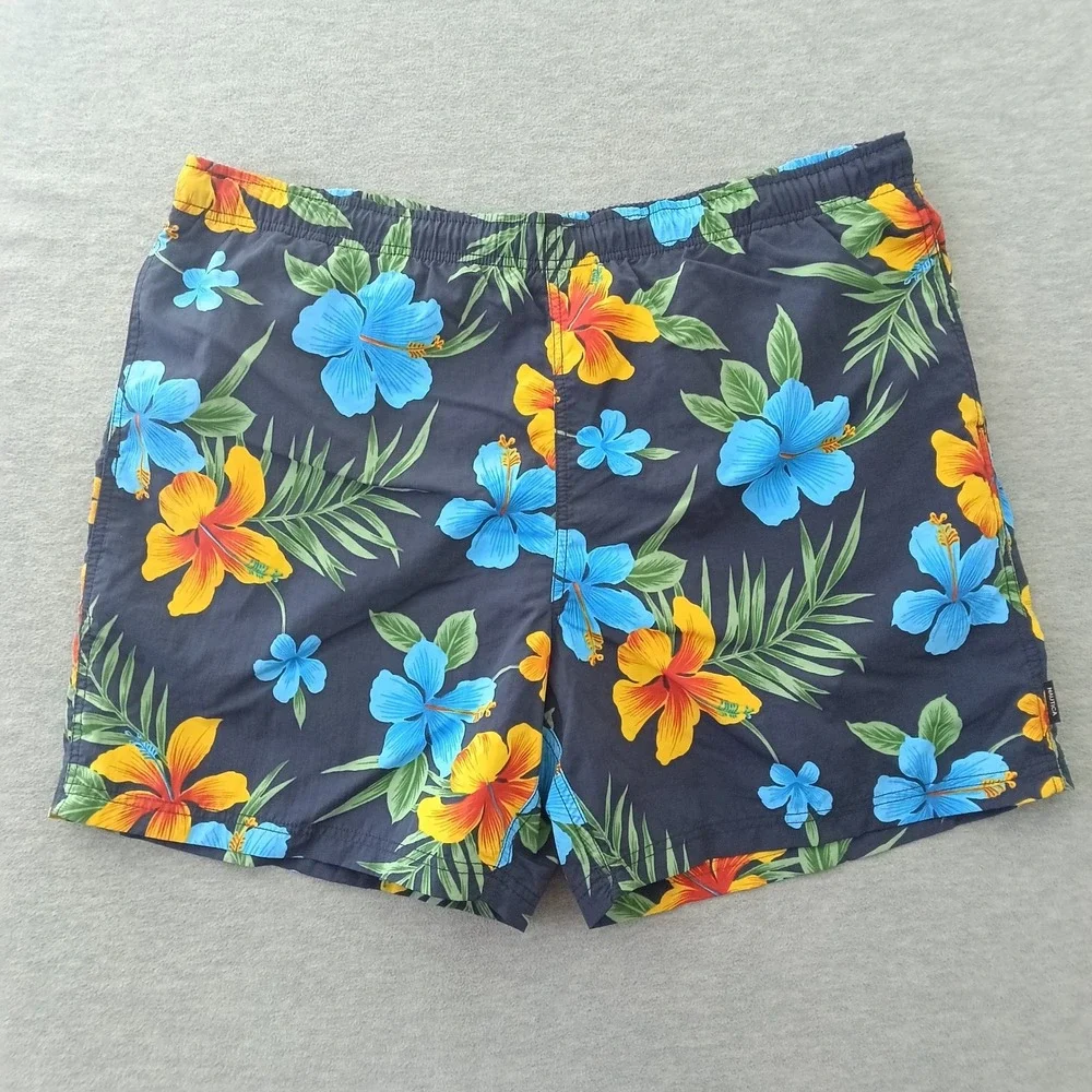 Nautica Mens XL Swim Trunks Navy Blue Tropical Hibiscus Floral Mesh Lined